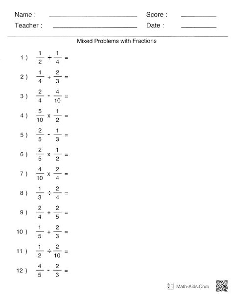 Operations with Fractions (A) 6. . Mixed operations with fractions worksheet pdf kuta